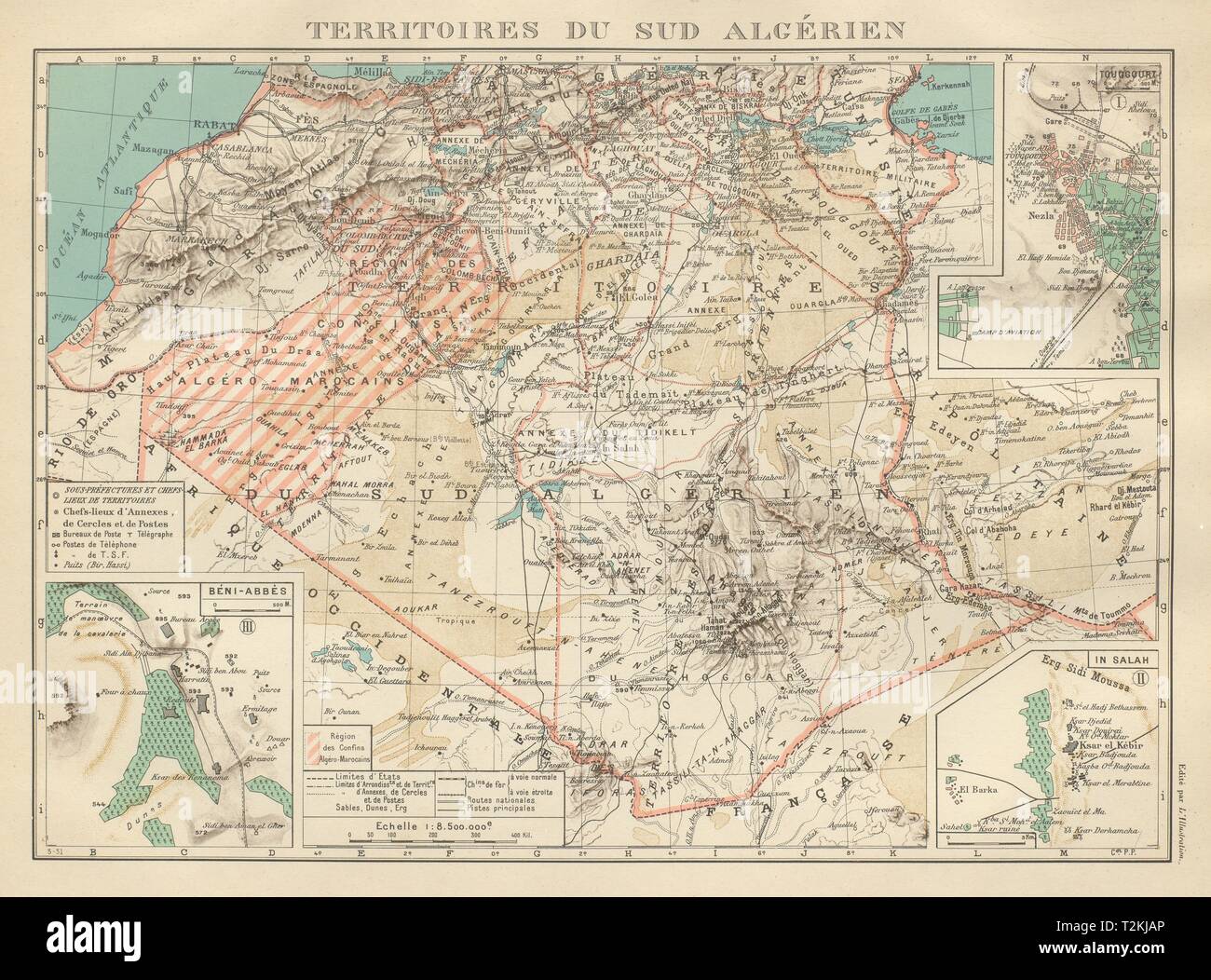L'Algérie française. Territoires sud algerien. Béni-Abbès Touggourt Dans Salah 1931 map Banque D'Images