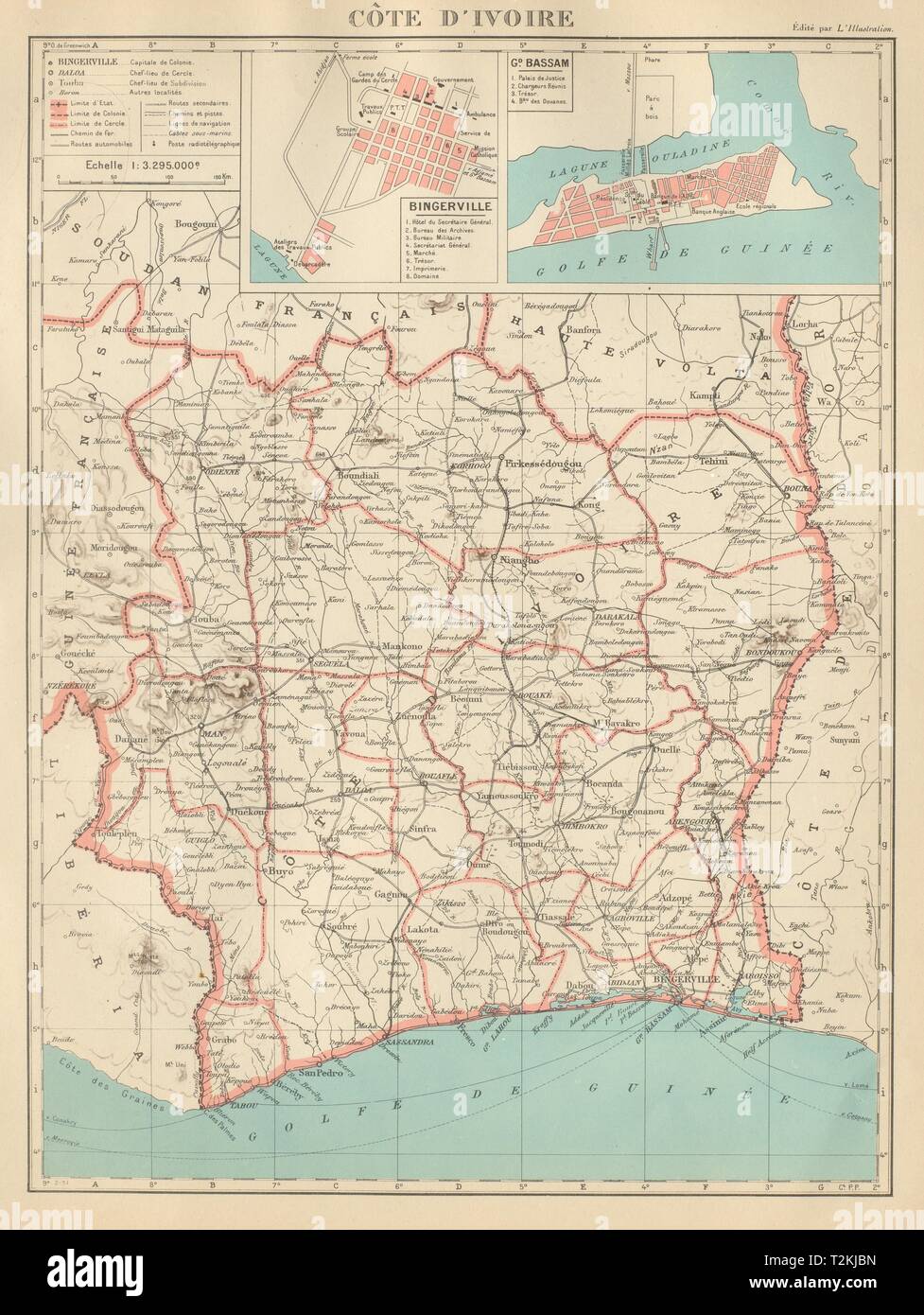 Côte d'Ivoire Côte d'Ivoire. Bingerville (Abidjan) Grand Bassam ville 1931 plan du site Banque D'Images