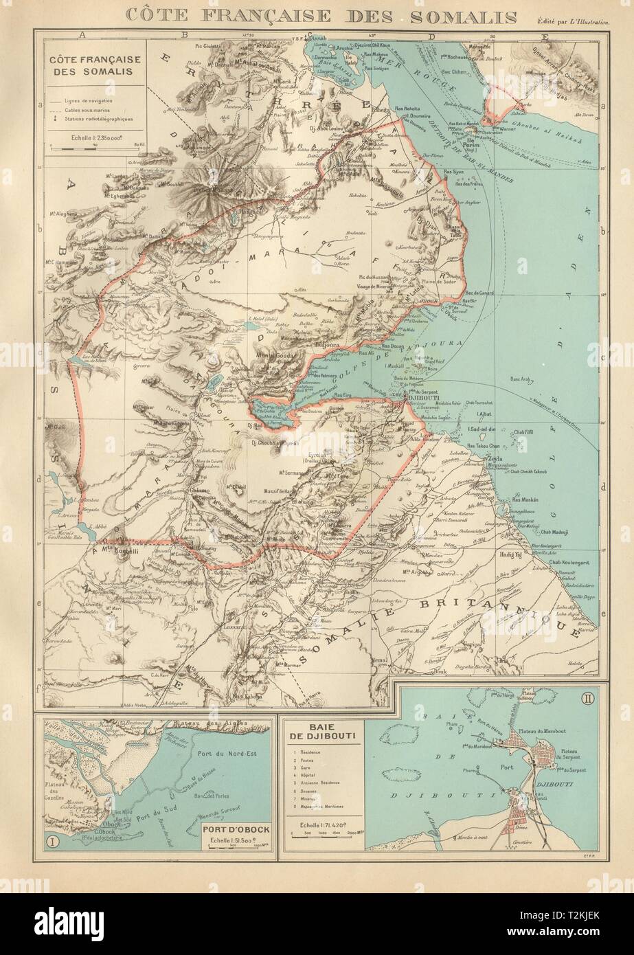 La CÔTE FRANÇAISE DES SOMALIS. Côte Française des Somalis. Obok & plans de DJIBOUTI 1931 map Banque D'Images