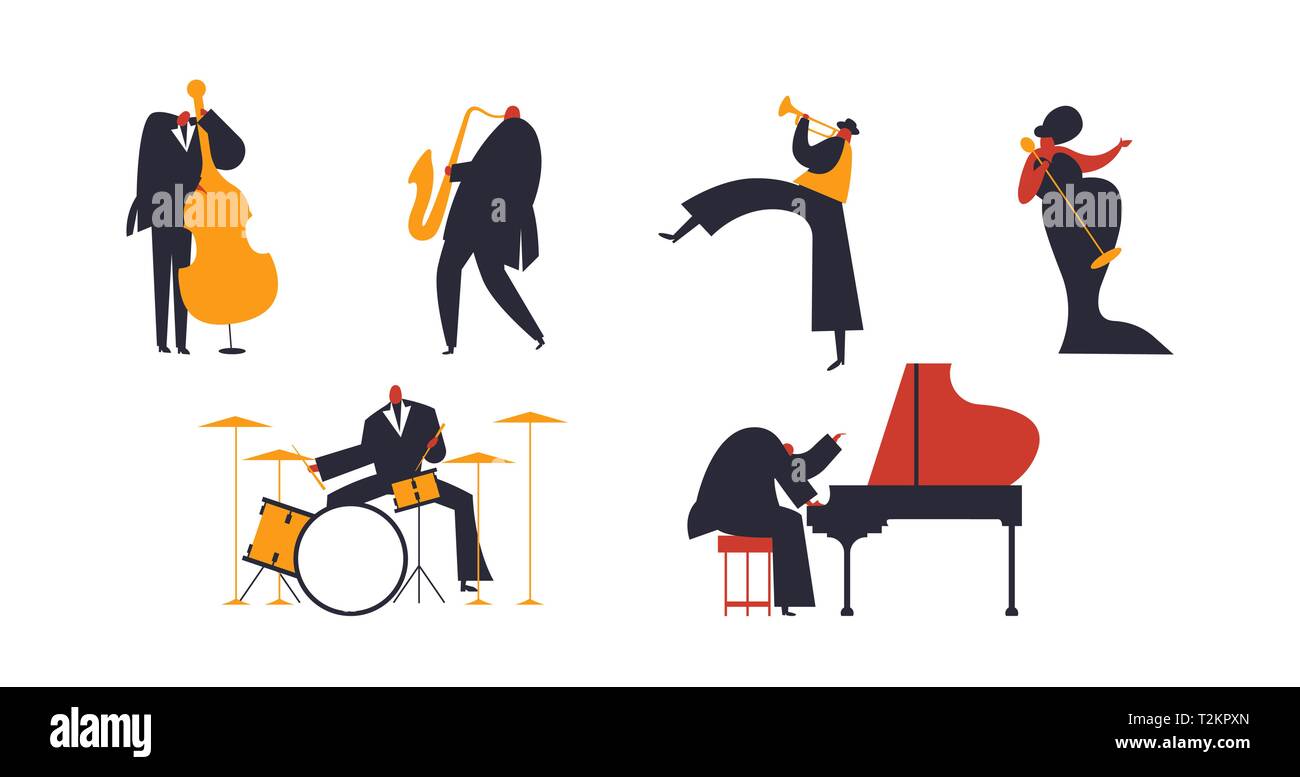 Ensemble de jazz band personnes jouant divers instruments de musique et chanteur. Tambour compris, saxophone, trompette, piano player Illustration de Vecteur