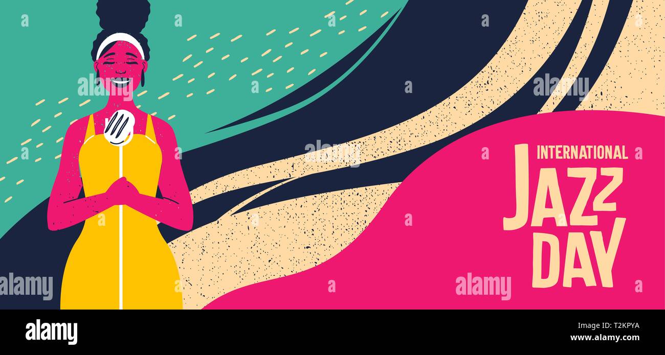 Journée internationale du Jazz retro banner illustration de femme noire singer avec résumé fond coloré pour l'événement concert de musique. Illustration de Vecteur