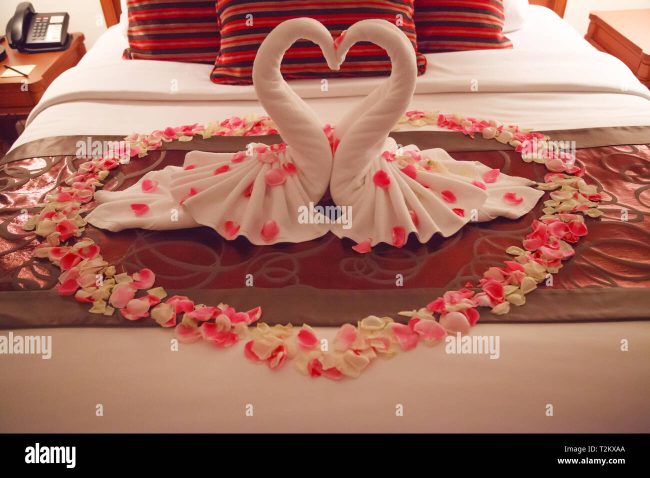Chambre à coucher romantique intérieur, Kissing Swan Serviettes Origami  rose frais et parsemé de pétales de Rose Blanche décoration sur le lit pour  couple. Weddin Photo Stock - Alamy