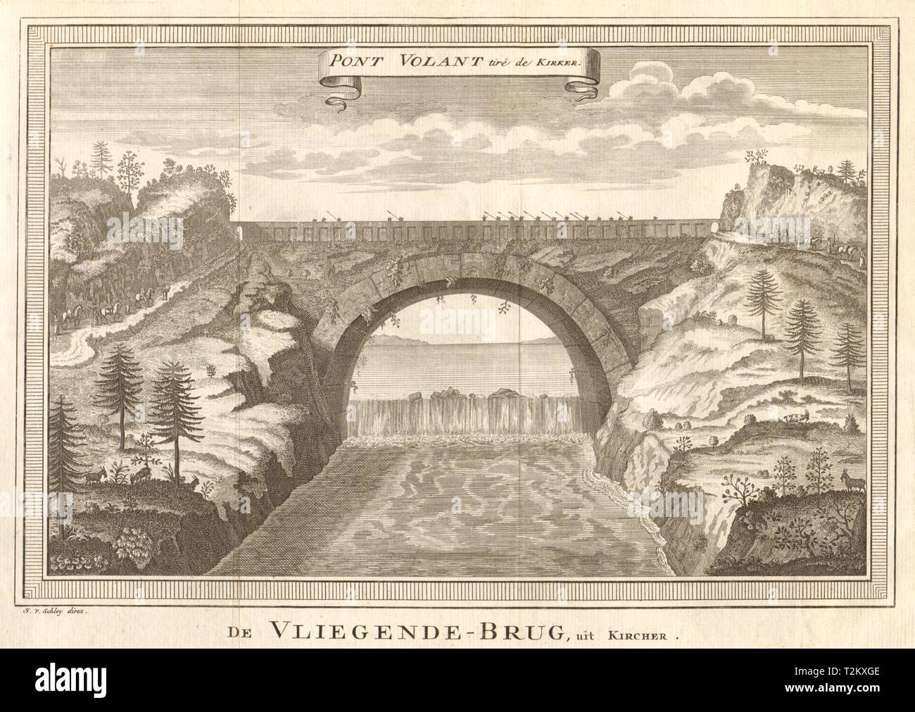 "Pont volant, tiré de Kircher'. La Chine. Flying Bridge. SCHLEY 1749 old print Banque D'Images