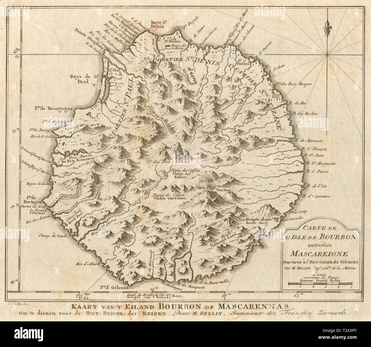 L'Isle de Bourbon, autrefois Mascareigne. L'île de la réunion. BELLIN/SCHLEY 1755 map Banque D'Images