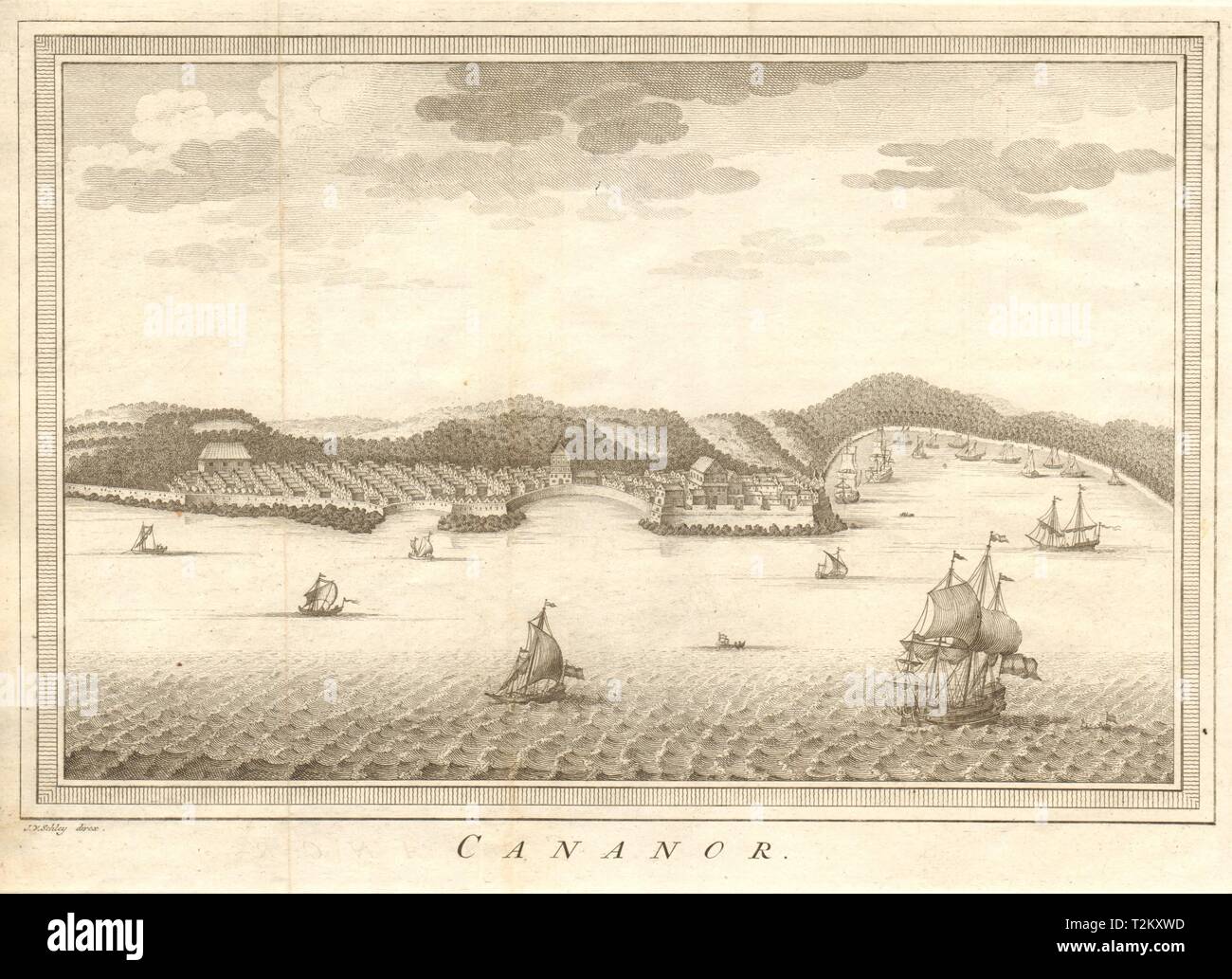 'Cananor'. Vue sur la mer de Kannur, Kerala, Inde. SCHLEY 1755 old print Banque D'Images