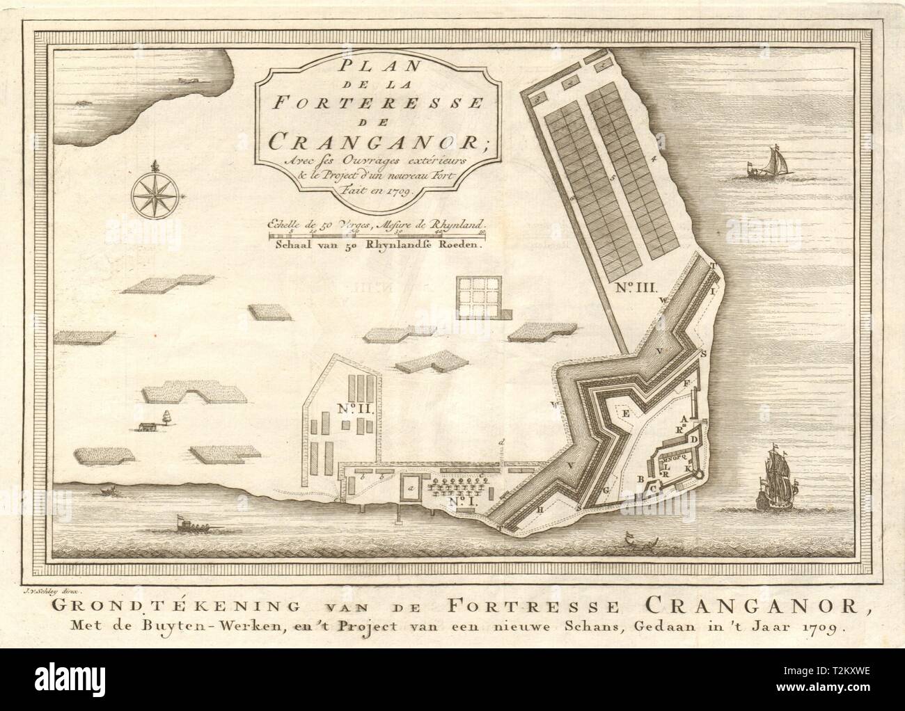 'La Forteresse de Cranganor'. La forteresse de Kodungallur Kerala BELLIN/SCHLEY 1755 map Banque D'Images