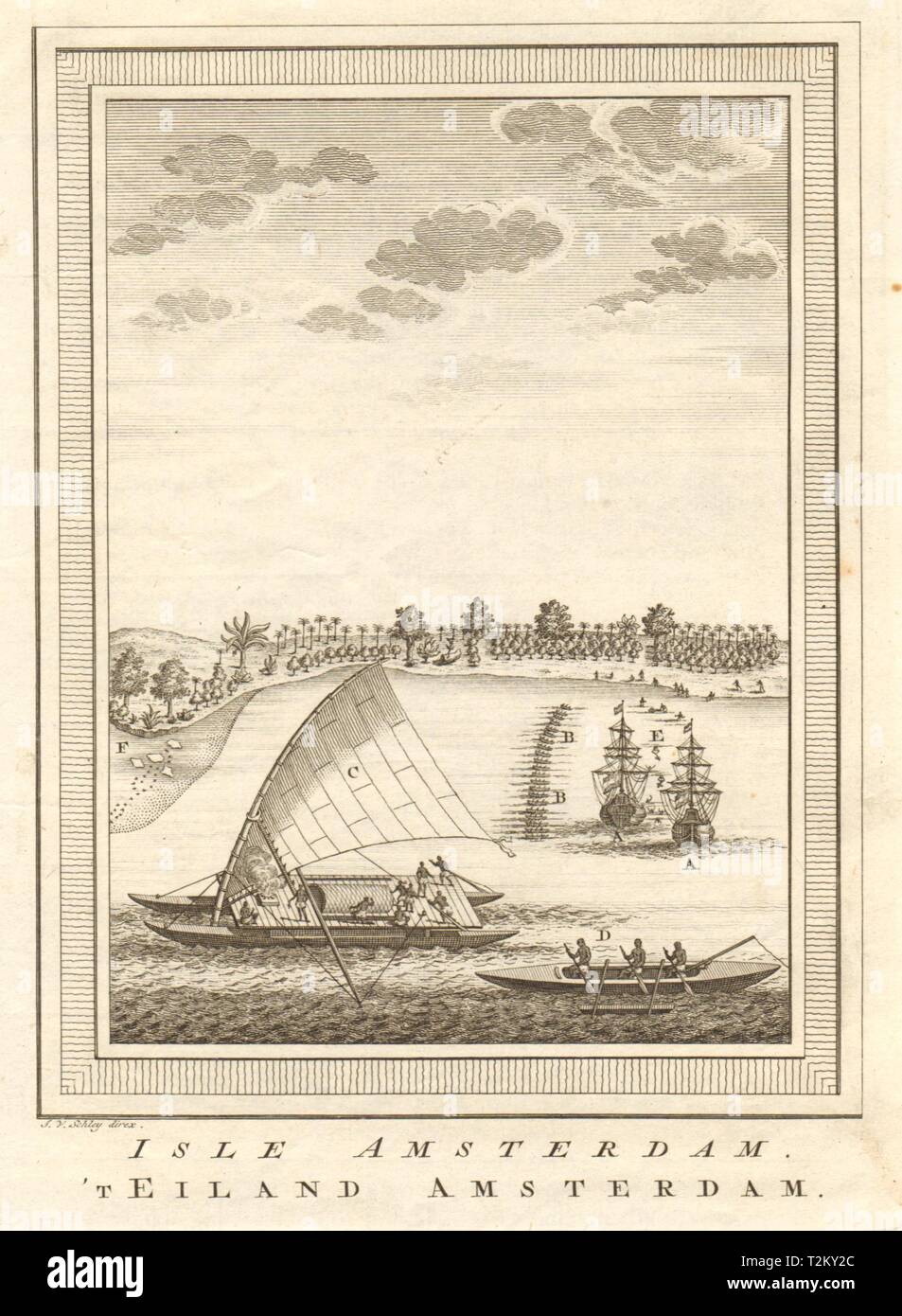 'Île Amsterdam'. Abel Tasman au Tonga Tongatapu, 1643. Pirogues. SCHLEY 1758 Banque D'Images