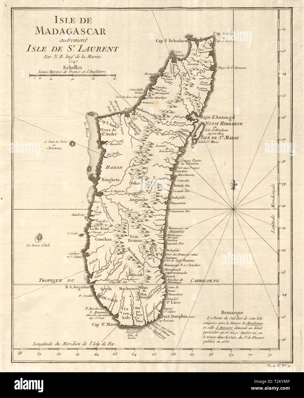 'Isle de Madagascar, autrement Isle de St. Laurent'. BELLIN 1748 Ancien site Banque D'Images