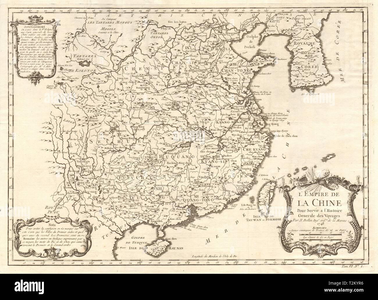 L'Empire de la Chine". La Chine et la Corée. BELLIN 1748 ancienne carte  graphique plan Photo Stock - Alamy