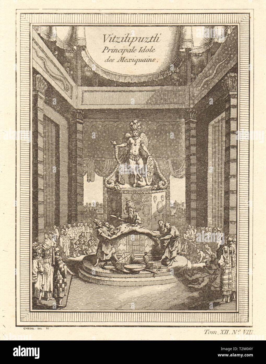 'Vitzilipuztli'. Sacrifice au dieu aztèque Huitzilopochtli 1754 old print Banque D'Images