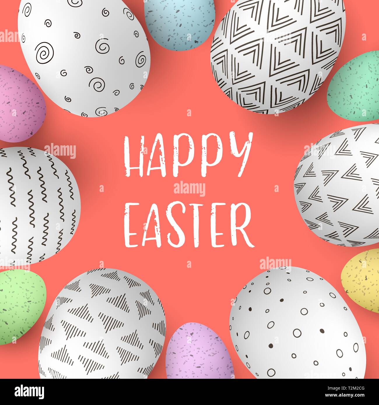Joyeuses Pâques oeufs dans le châssis avec du texte. Les oeufs de Pâques colorés sur fond de corail. hand. Ornements scandinaves. simple orange, rouge, rayé bleu, p Illustration de Vecteur