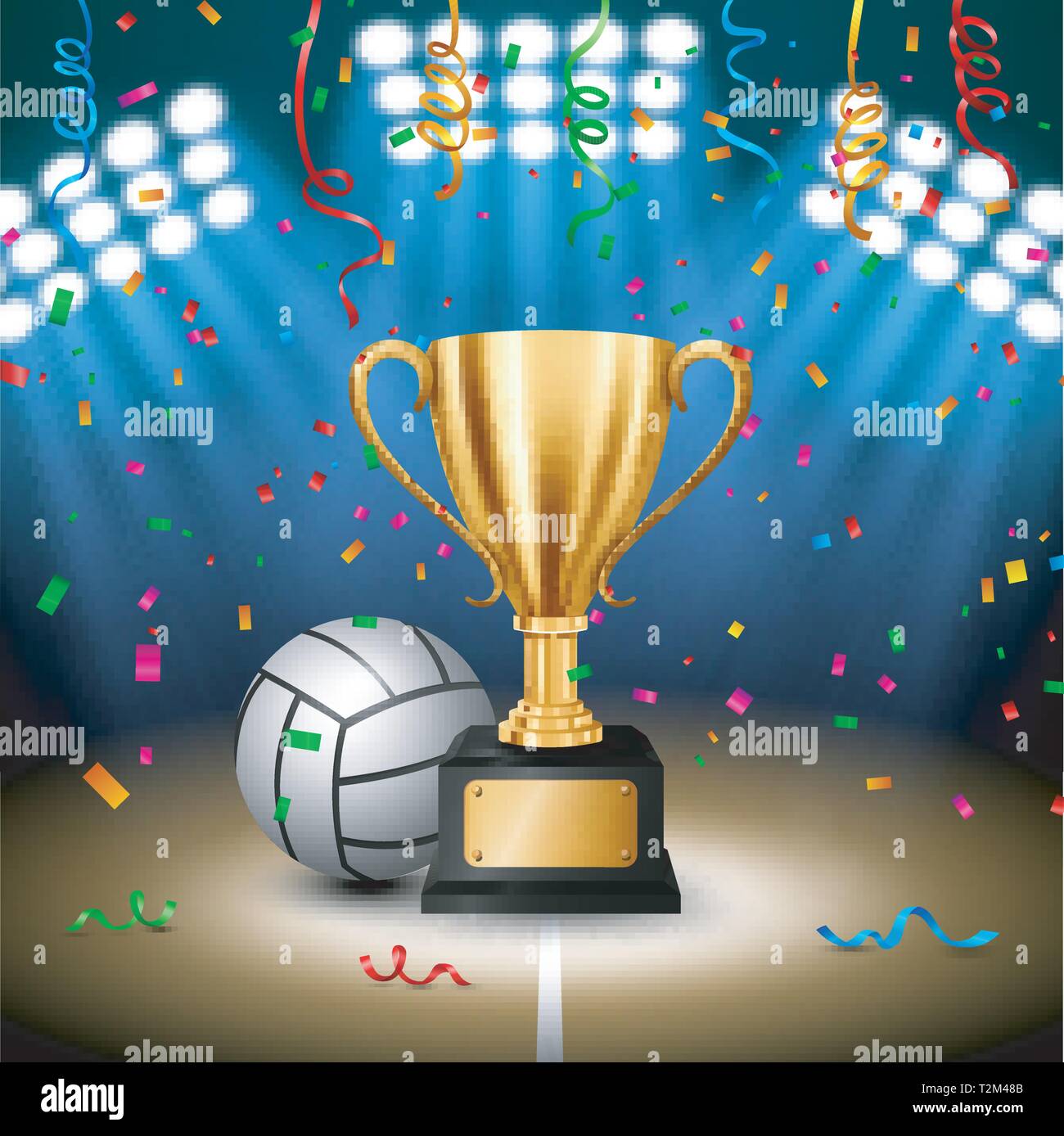 Championnat de volley-ball avec Golden Trophy avec la chute de confettis et feux lumineux, Vector Illustration Illustration de Vecteur