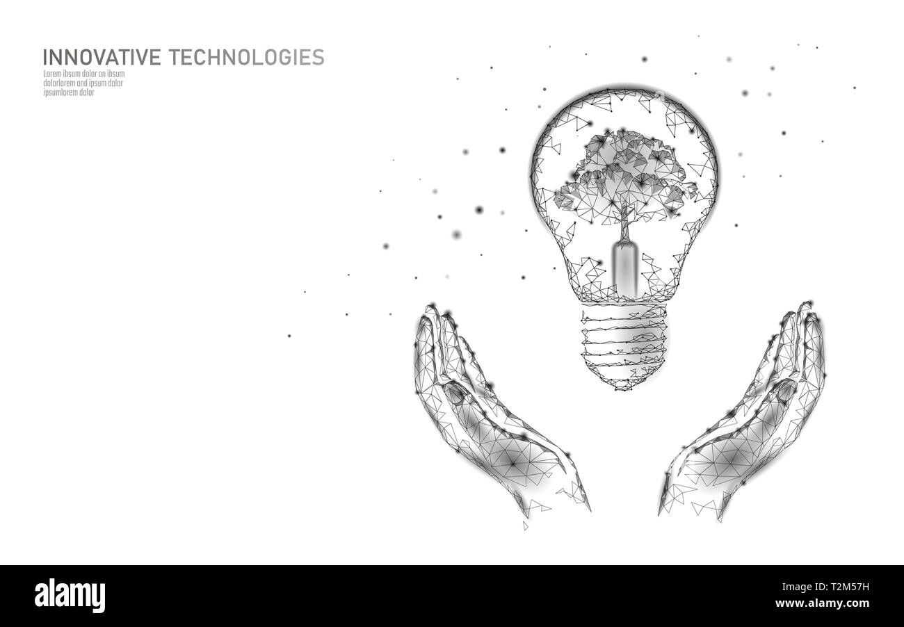 Deux mains l'exercice ampoule lampe économie d'énergie ecology concept. Petite plante pousse blanc polygonale à l'intérieur de l'électricité l'énergie verte des semis power ba Illustration de Vecteur