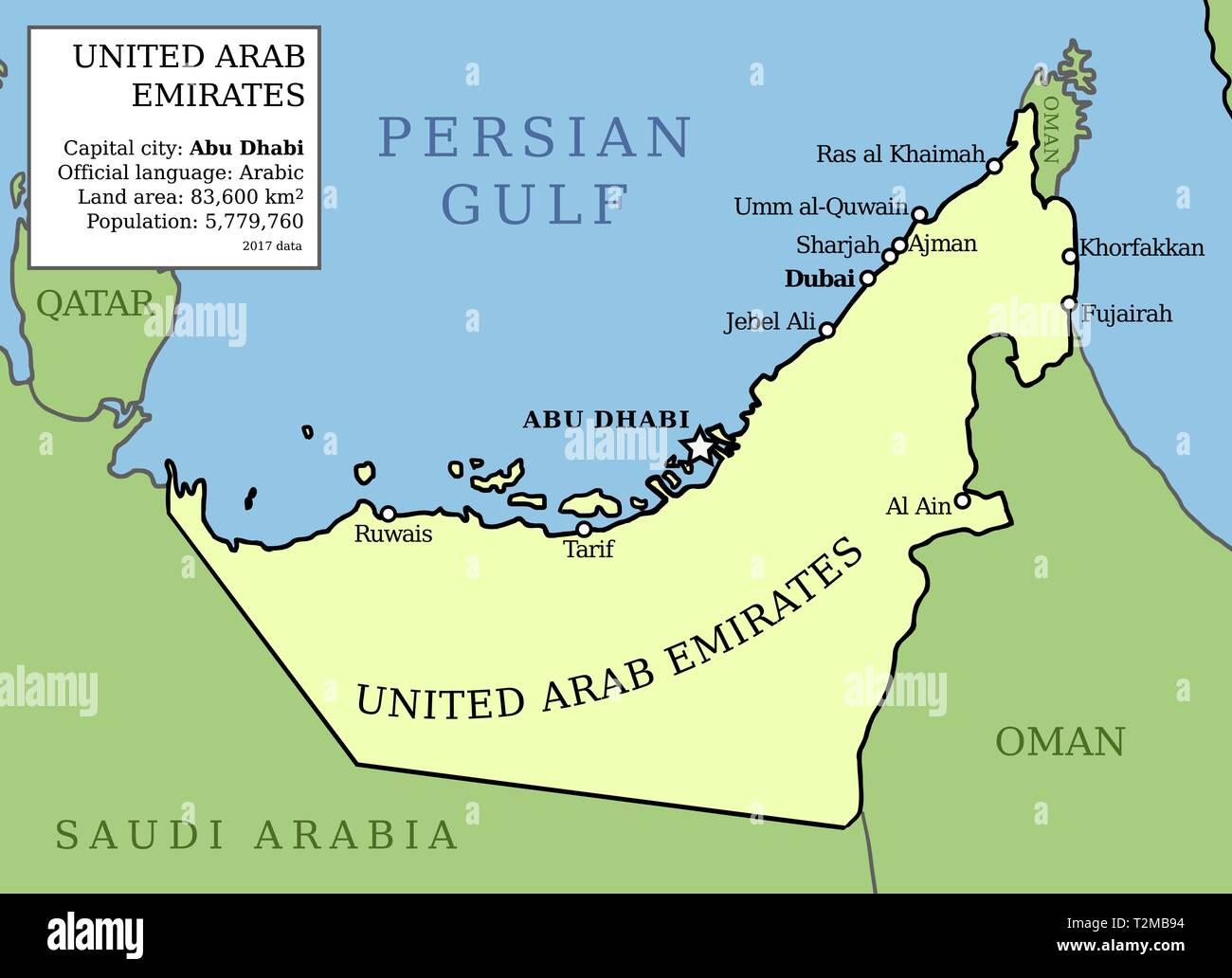 Emirats arabes unis (EAU) carte. Vecteur contour carte pays avec les principales villes et le tableau des données. Illustration de Vecteur