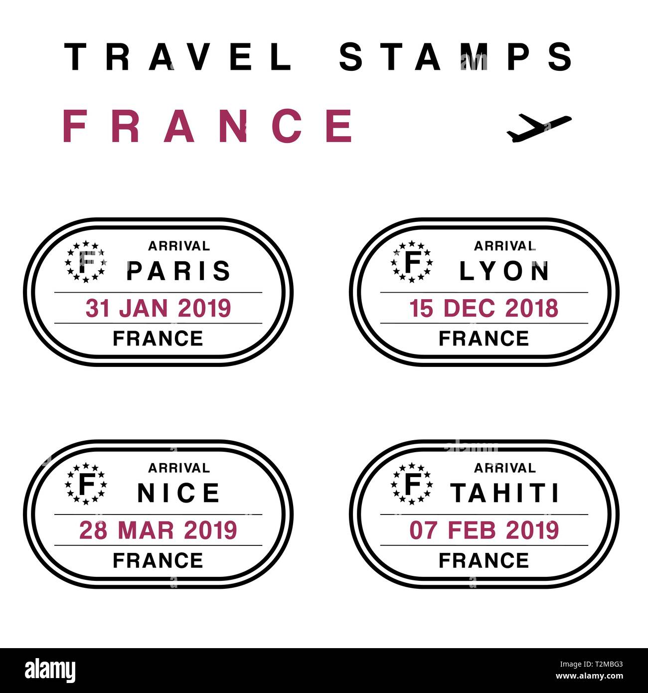 Vecteur de voyage - jeu de timbres de passeport (timbres fictifs). France destinations : Paris, Lyon, Nice et Tahiti. Illustration de Vecteur