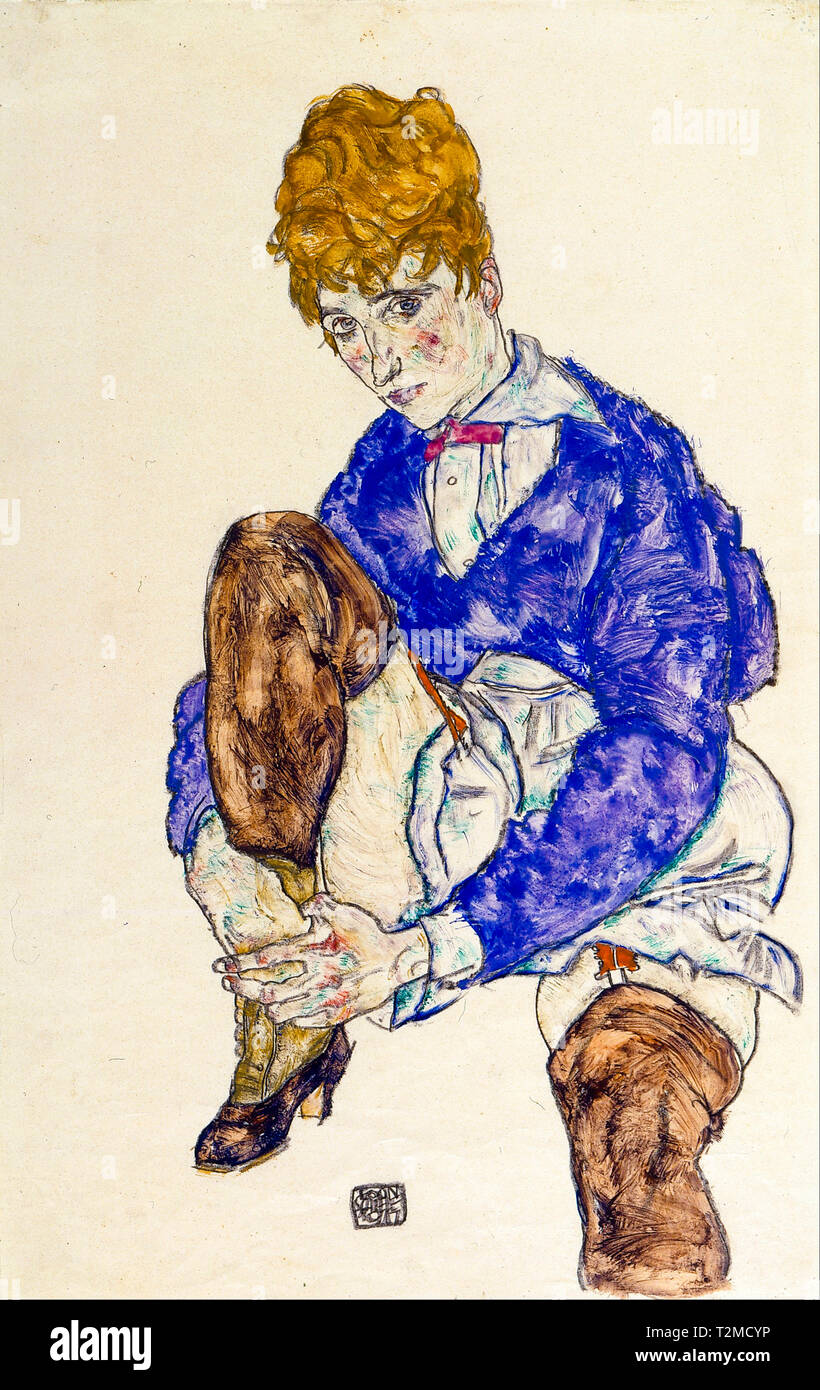 Egon Schiele, Portrait de la femme de l'artiste assis, tenant sa jambe droite, 1917 Banque D'Images