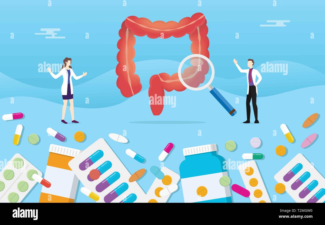 Santé médecine digestif côlon humain capsule médicaments pilules traitement avec analyse médecin - vector illustration Illustration de Vecteur