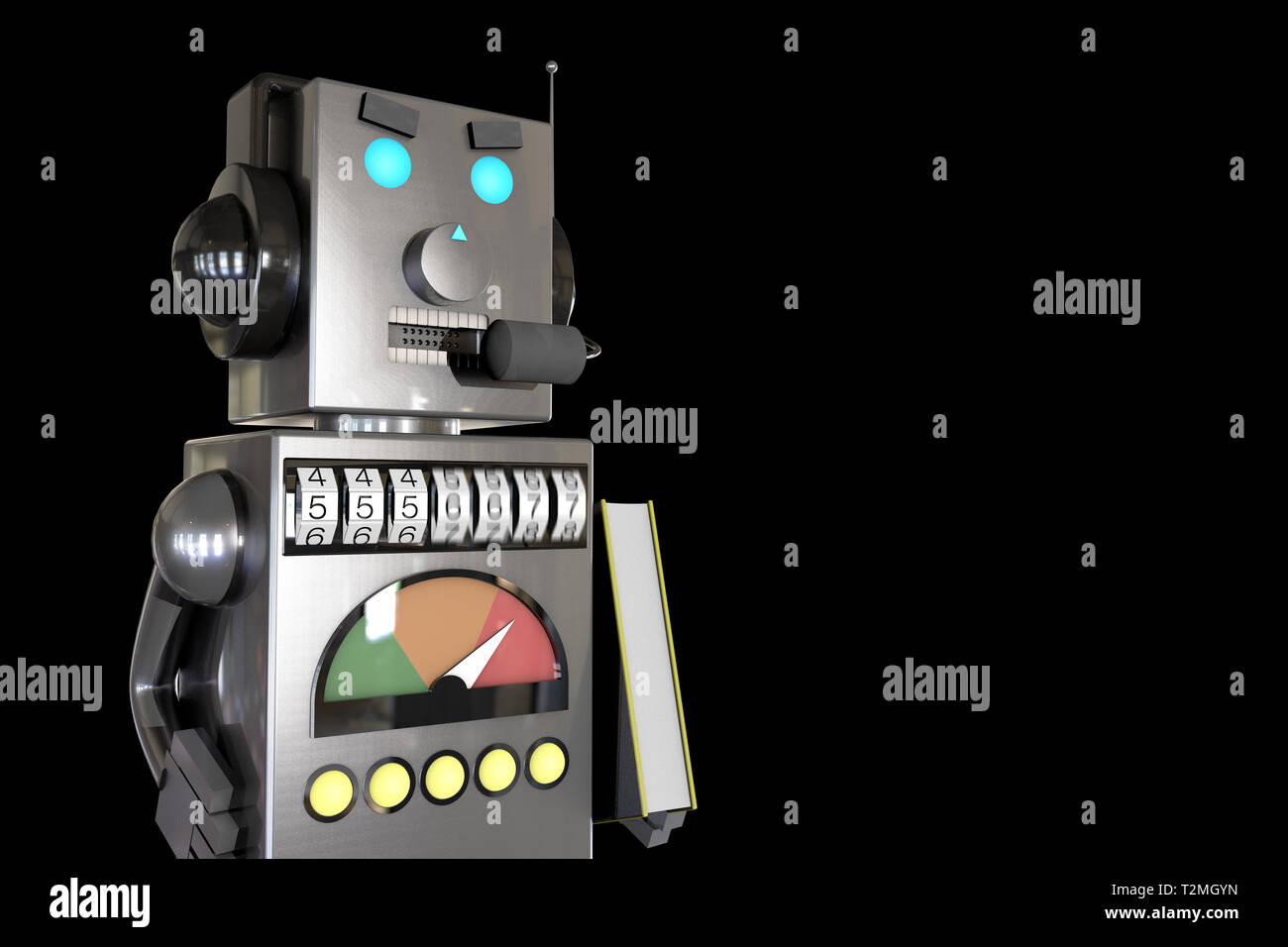 3d illustration : robot en métal gris avec des appels clients casque avec les annonces ennuyantes avec téléphone livre en main, spambot, robocall concept Banque D'Images