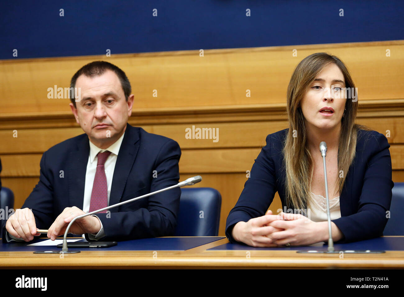 Ettore Rosato et Maria Elena Boschi Rome le 4 avril 2019. Conférence de presse du Parti démocratique à propos de l'accident de bus est passé il y a 3 ans en Espagne, Freginals dans lequel 7 filles italiennes ont perdu la vie, d'appuyer sur le gouvernement italien à demander justice aux autorités espagnoles. photo di Samantha/Insidefoto Zucchi Banque D'Images