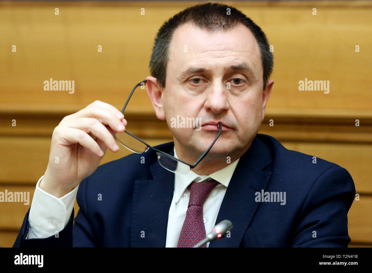 Ettore Rosato Rome le 4 avril 2019. Conférence de presse du Parti démocratique à propos de l'accident de bus est passé il y a 3 ans en Espagne, Freginals dans lequel 7 filles italiennes ont perdu la vie, d'appuyer sur le gouvernement italien à demander justice aux autorités espagnoles. photo di Samantha/Insidefoto Zucchi Banque D'Images