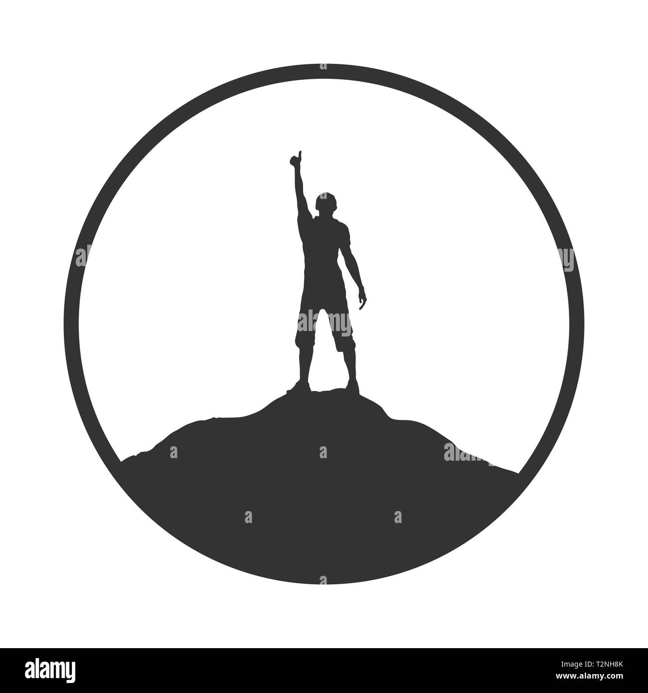 Silhouette of man avec la main posée sur le haut de la montagne, modèle plat Illustration de Vecteur