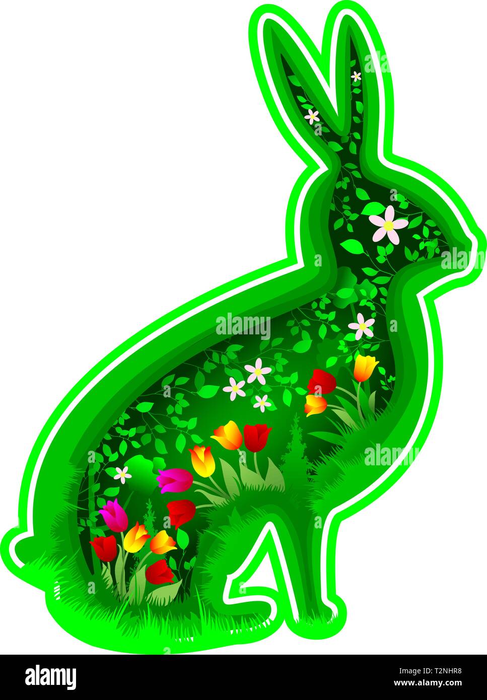 Silhouette lapin stylisé. Feuilles et fleurs dans le contexte de la silhouette d'un lièvre lapin. Le concept de l'été, le printemps, ou à Pâques. Illustration de Vecteur