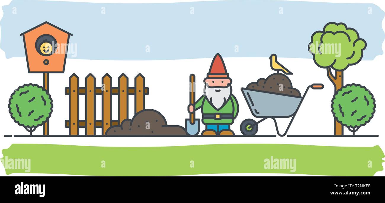 Concept de jardinage Vector Banner. Nain de jardin au travail dans son jardin avec une pelle et brouette. Illustration de Vecteur