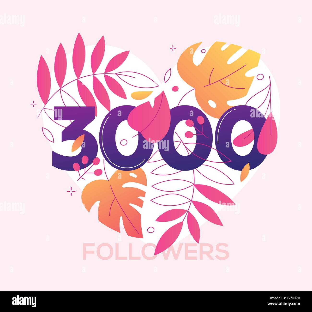 3000 followers banner - une télévision moderne style design illustration avec une composition florale, numéro trois des milliers en forme de coeur. Fleurs, feuilles, herba Illustration de Vecteur