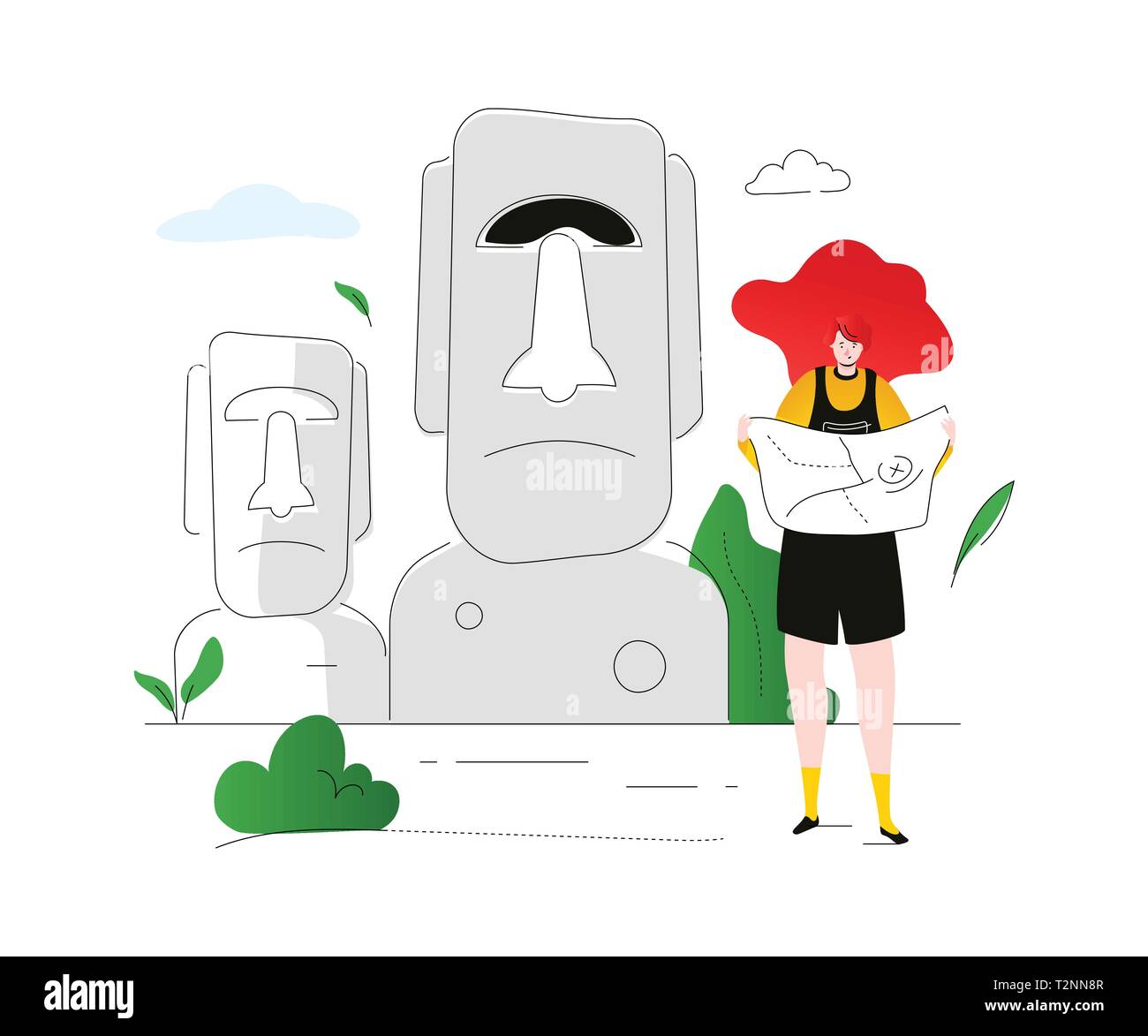 Visitez l'île de Pâques - télévision couleur style design illustration sur fond blanc. Une composition avec une femme, tourisme à la carte, d'un permanent Illustration de Vecteur