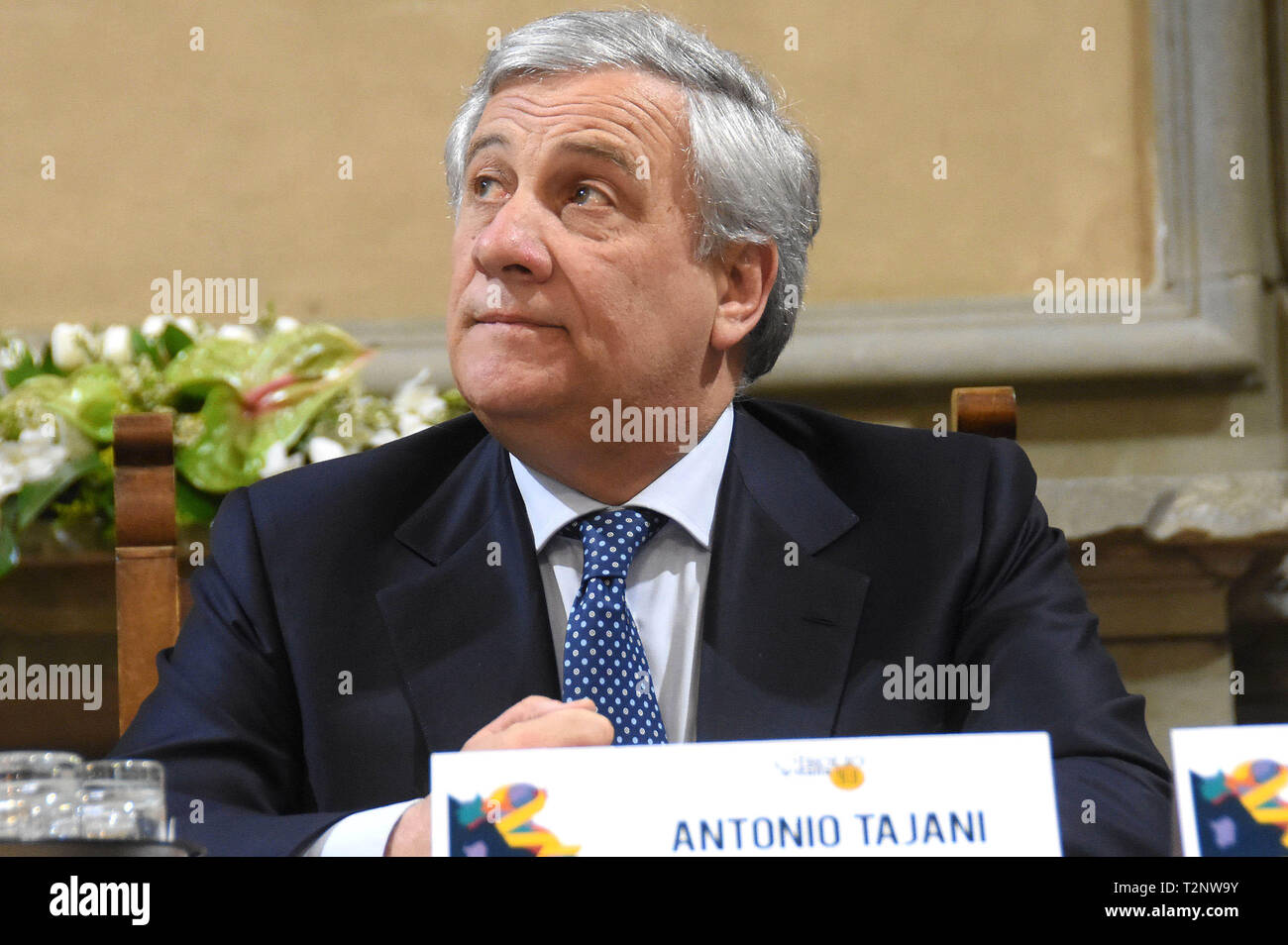 L'Italie, Cortona (Arezzo), 30 mars 2019 : Le Président du Parlement européen, Antonio Tajani, participe à "l'Girolio» d'Ital Banque D'Images