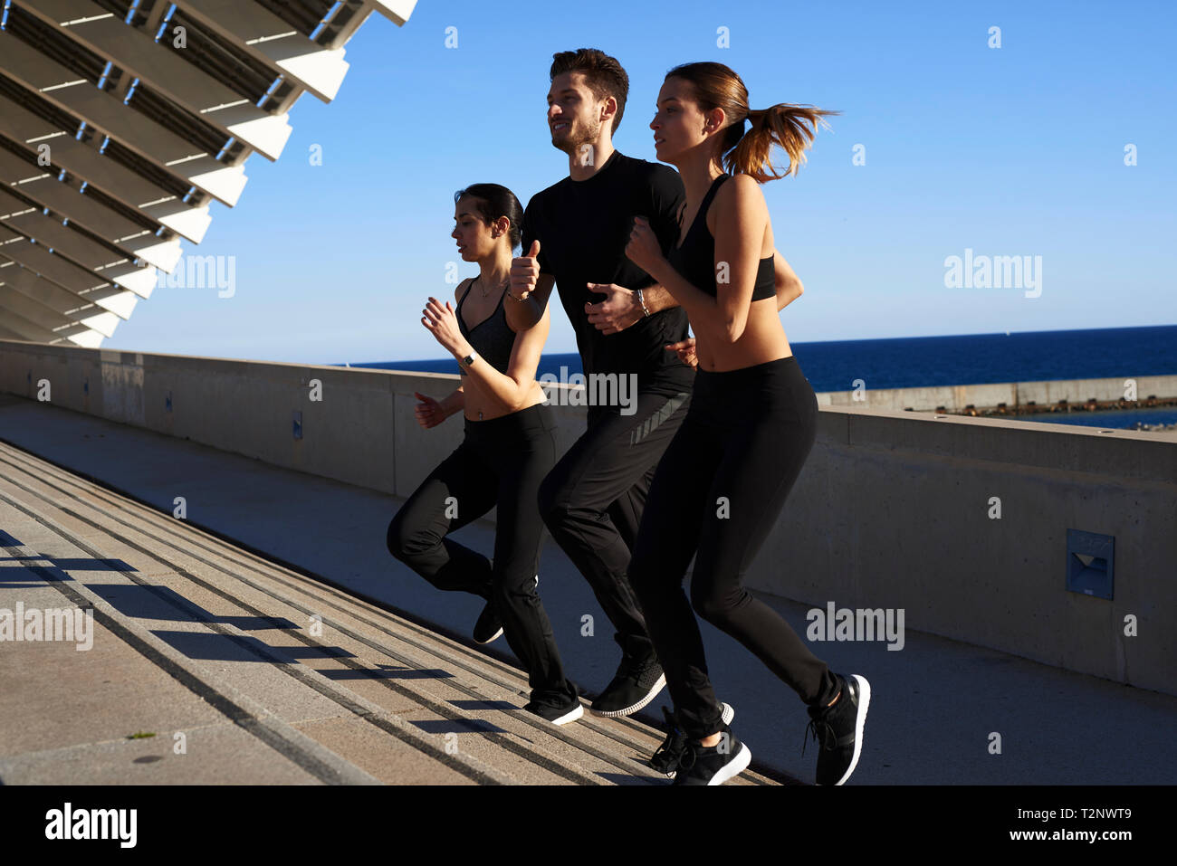 Les amis du jogging jusqu'étapes dans les stades sportifs Banque D'Images
