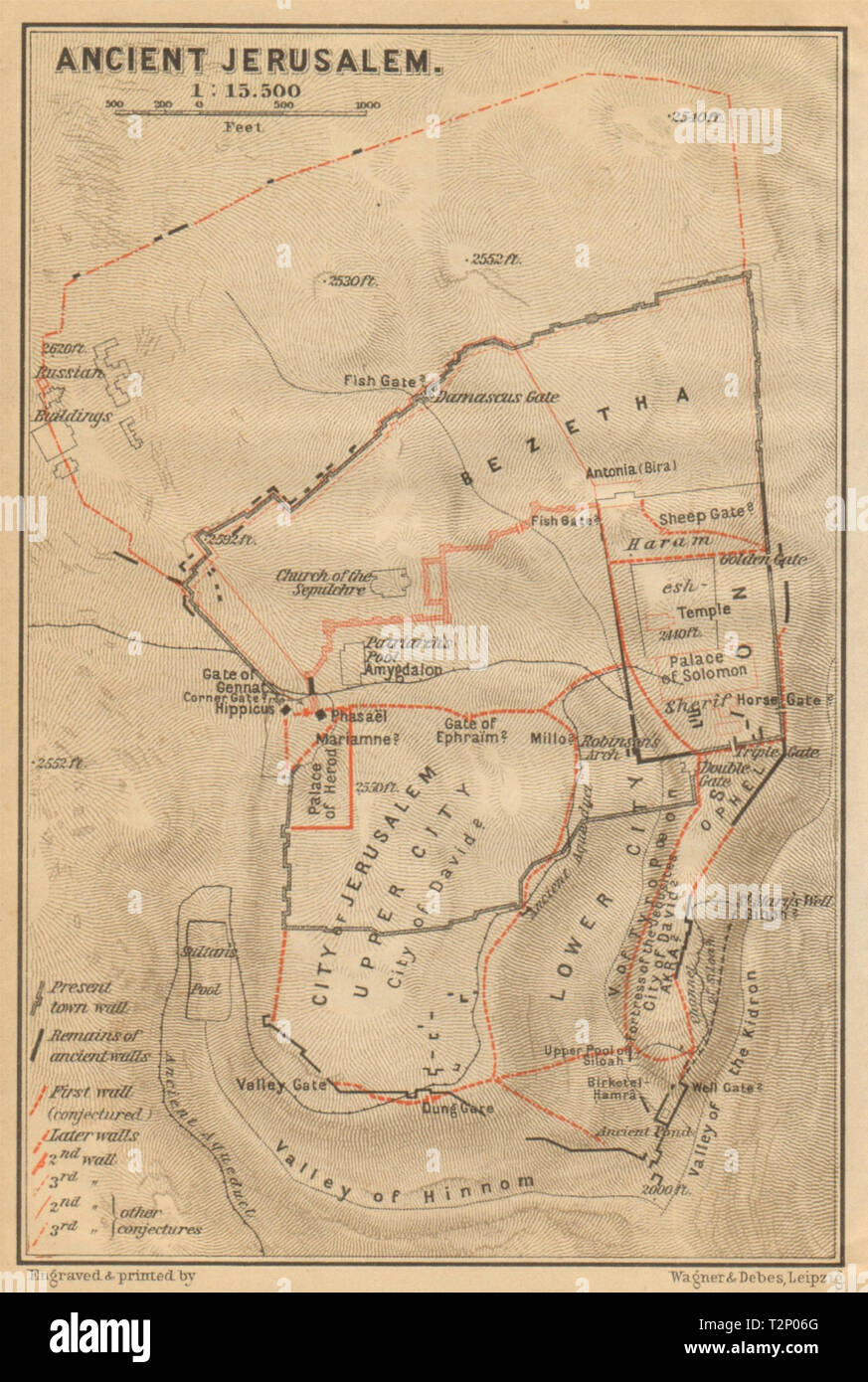 L'ancienne Jérusalem ville antique city plan. Israël 1912 vieille carte graphique Banque D'Images