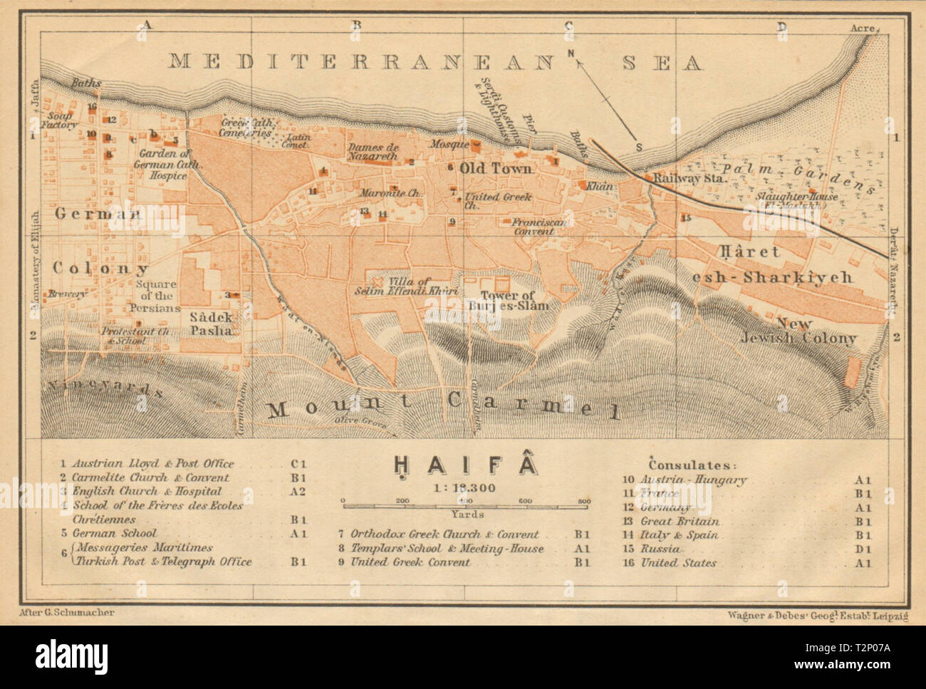 Plan de la ville ville antique de Haïfa. Israël 1912 old vintage carte graphique Banque D'Images