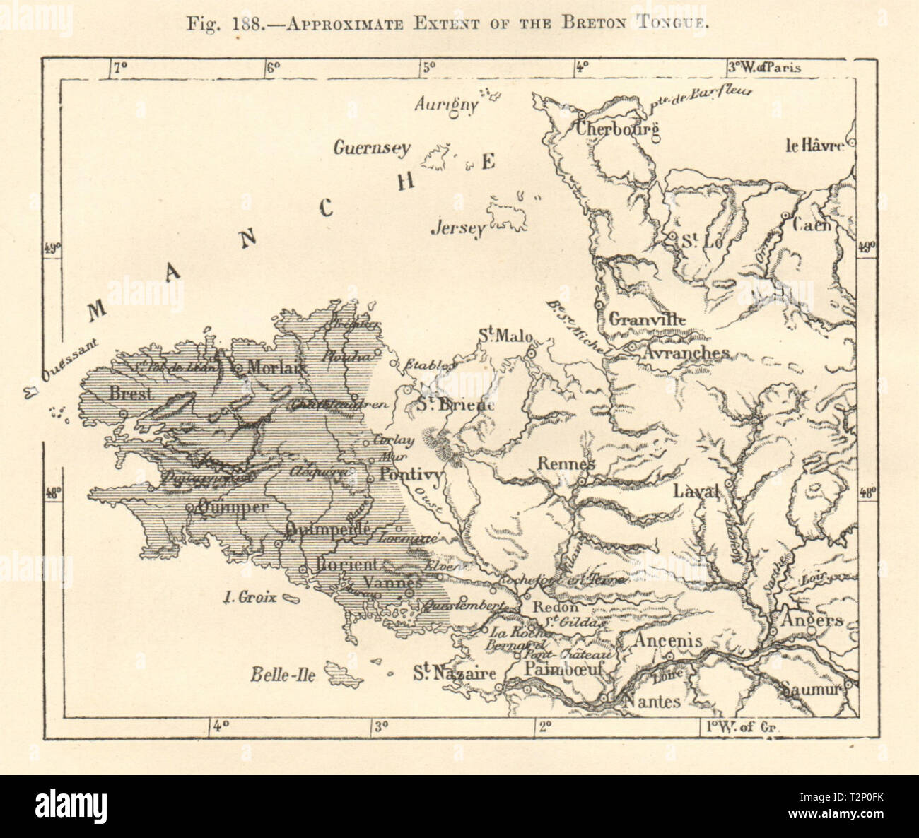 Étendue approximative de la langue bretonne. Bretagne Finistère. Croquis 1885 Banque D'Images