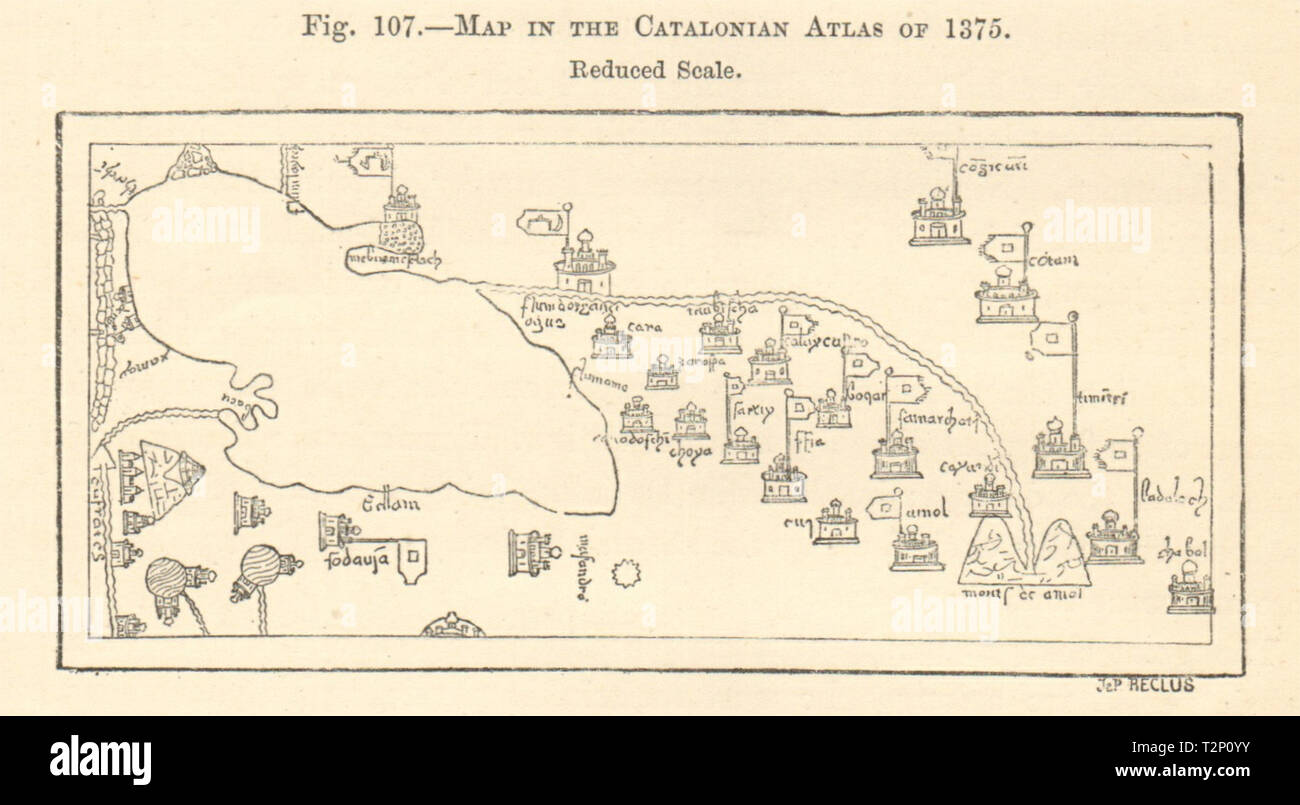 Atlas Catalan 1375. L'Amu Darya Mer Caspienne Bakou Ouzbékistan Kazakhstan carte croquis 1885 Banque D'Images