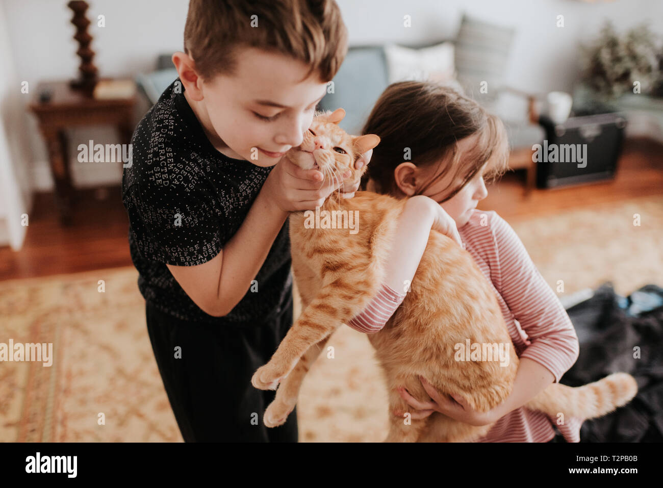 Enfants jouant avec des chat à la maison Banque D'Images