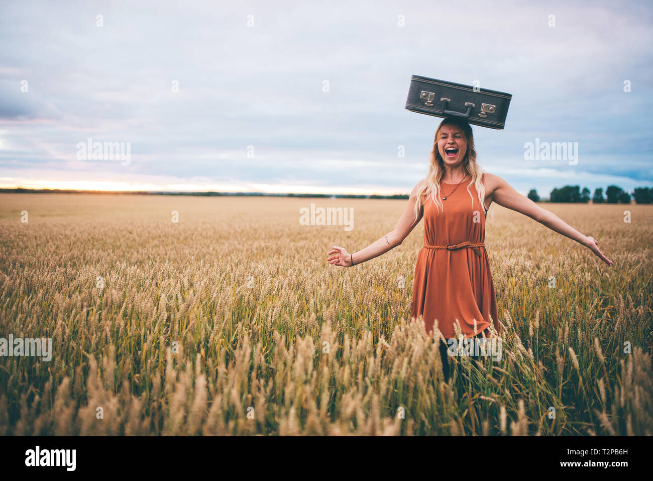 Woman balancing valise sur la tête en champ de blé, Edmonton, Canada Banque D'Images