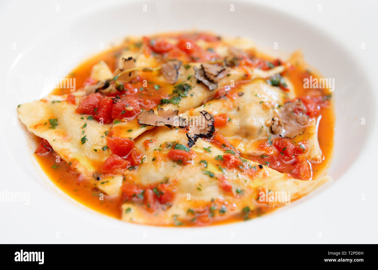 Raviolis délicieux avec une sauce tomate et truffe noire, close-up Banque D'Images