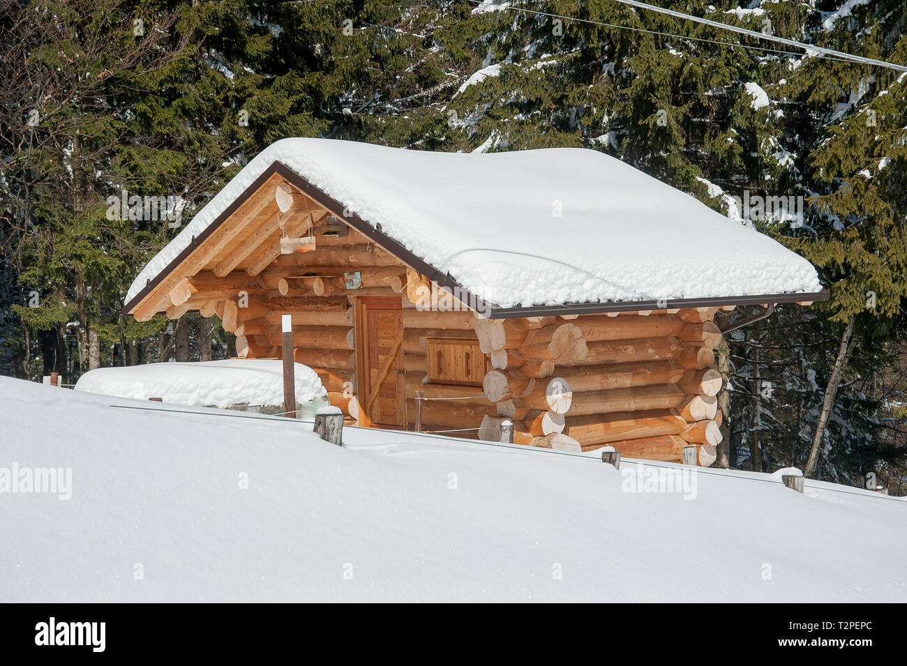 Petite maison le bois dans la neige Banque D'Images