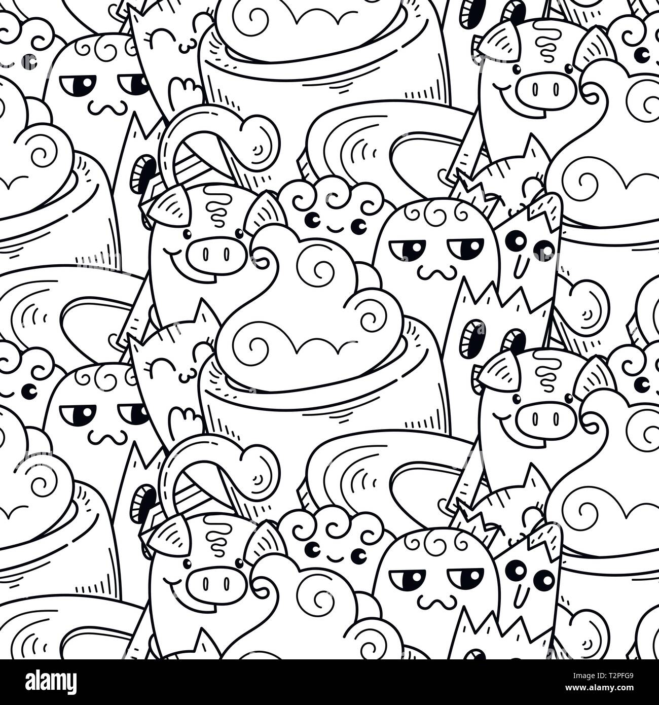 Doodle cartoon dessiné à la main avec le sourire et le goût, d'un café sans thème. Kawaii, détaillé avec beaucoup d'objets pour la couleur de fond vecteur Illustration de Vecteur