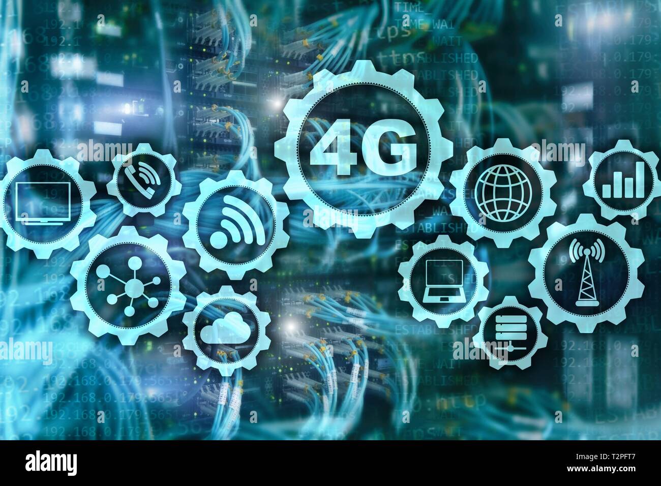 Télécommunications mobiles haute vitesse de connexion de données cellulaires concept : 4G LTE. Sur l'arrière-plan de la salle serveur Banque D'Images