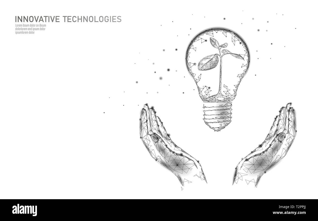 Main tenant ampoule lampe économie d'énergie ecology concept. Bleu polygonale petite plante pousse à l'intérieur de l'électricité l'énergie verte des semis bannière puissance ve Illustration de Vecteur