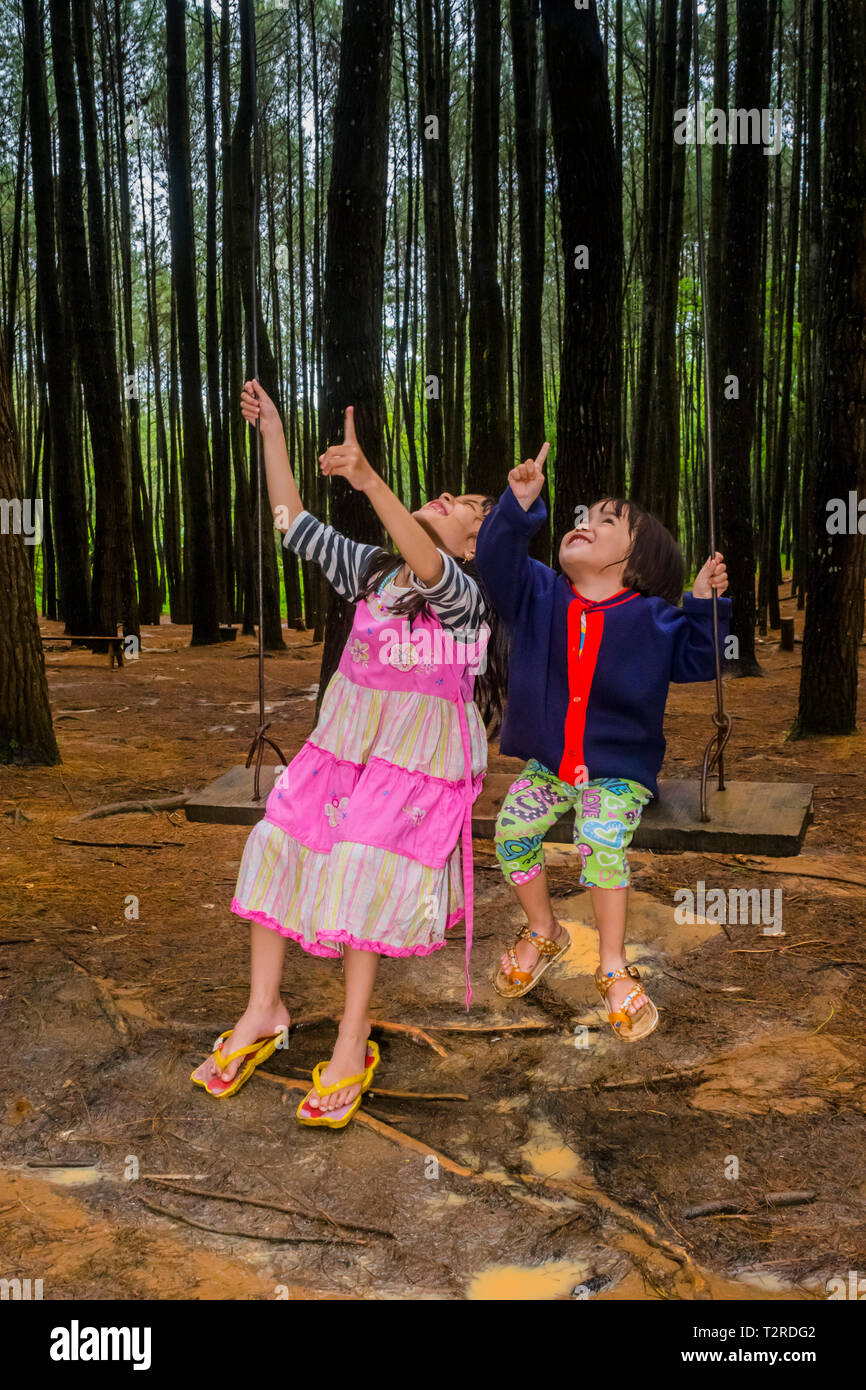 Deux enfants jouant joyeusement dans l'oscillation Banque D'Images