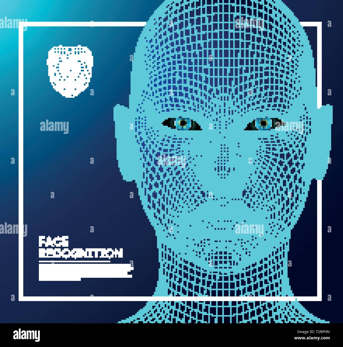 Les yeux bleus du robot android avec iris détaillées et élève. la reconnaissance faciale avec capteur et faire face à l'identité. Illustration de Vecteur