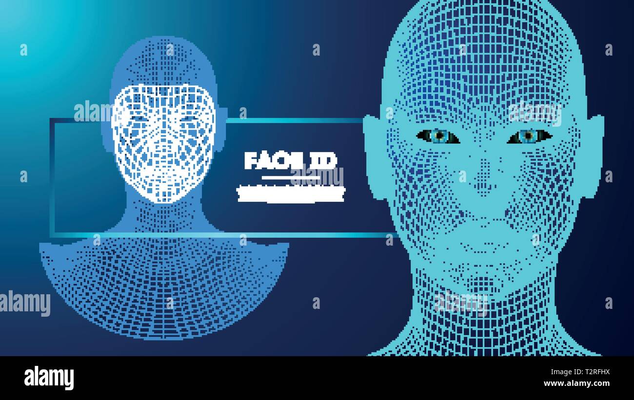 Les yeux bleus du robot android avec iris détaillées et élève. la reconnaissance faciale avec capteur et faire face à l'identité. Illustration de Vecteur