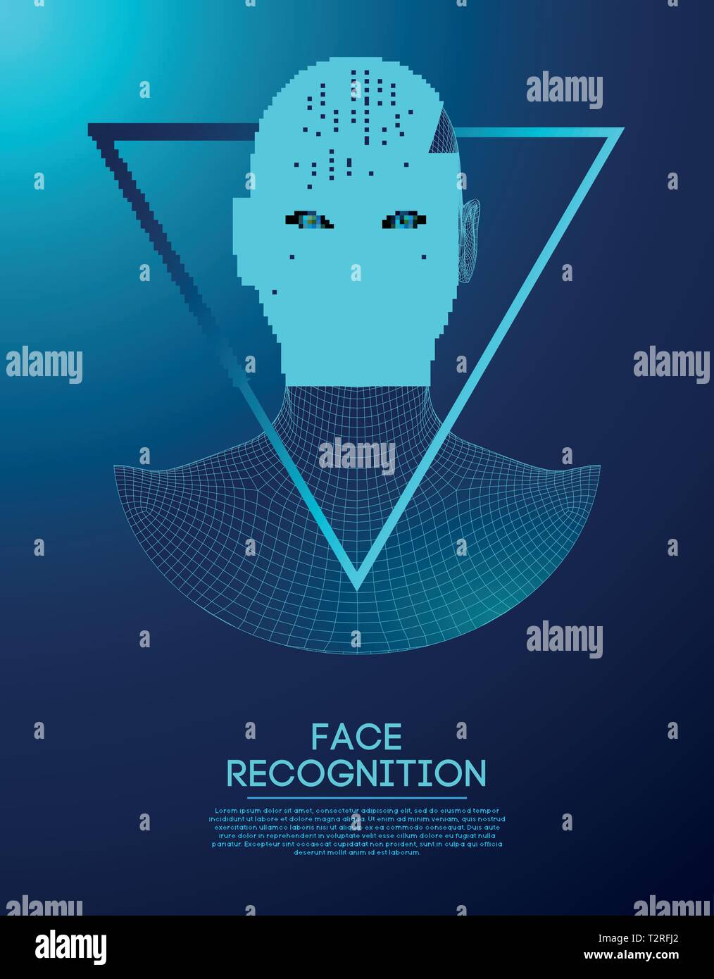 Les yeux bleus du robot android avec iris détaillées et élève. la reconnaissance faciale avec capteur et faire face à l'identité. Illustration de Vecteur