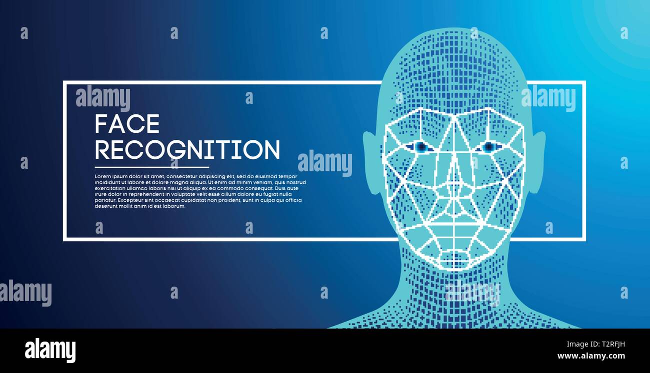 Les yeux bleus du robot android avec iris détaillées et élève. la reconnaissance faciale avec capteur et faire face à l'identité. Illustration de Vecteur