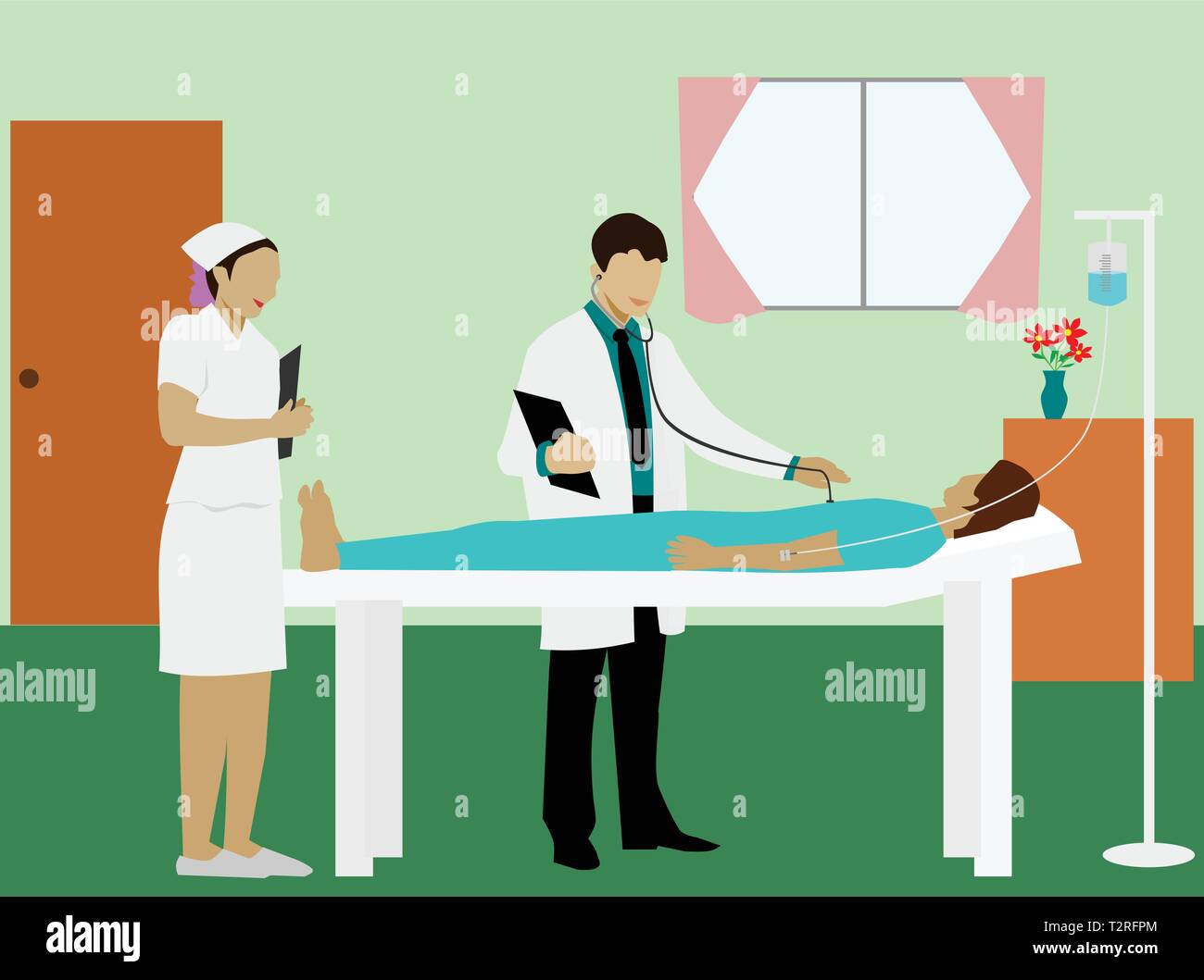 Le médecin examine le malade, au lit avec une infirmière debout à côté d'une pièce spéciale. Illustration de Vecteur