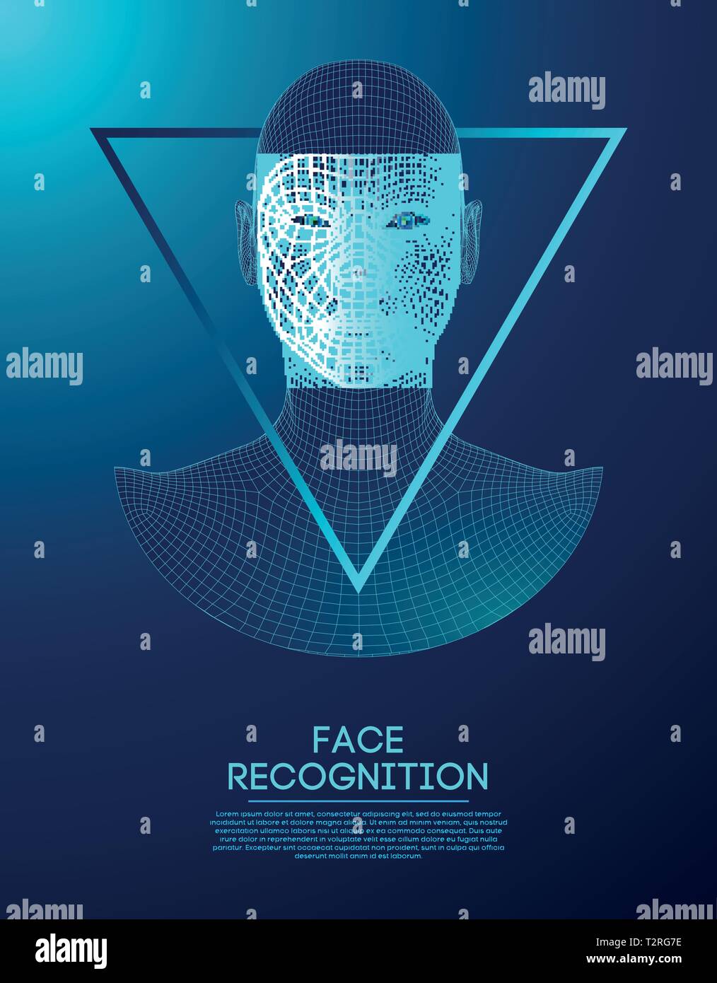 Les yeux bleus du robot android avec iris détaillées et élève. la reconnaissance faciale avec capteur et faire face à l'identité. Illustration de Vecteur