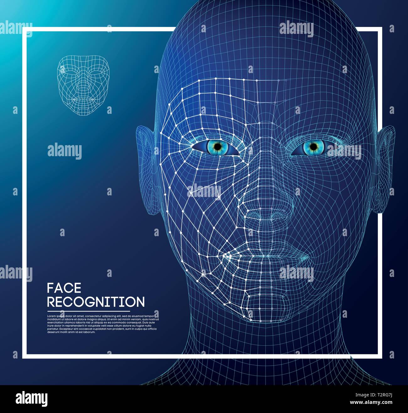 Les yeux bleus du robot android avec iris détaillées et élève. la reconnaissance faciale avec capteur et faire face à l'identité. Illustration de Vecteur